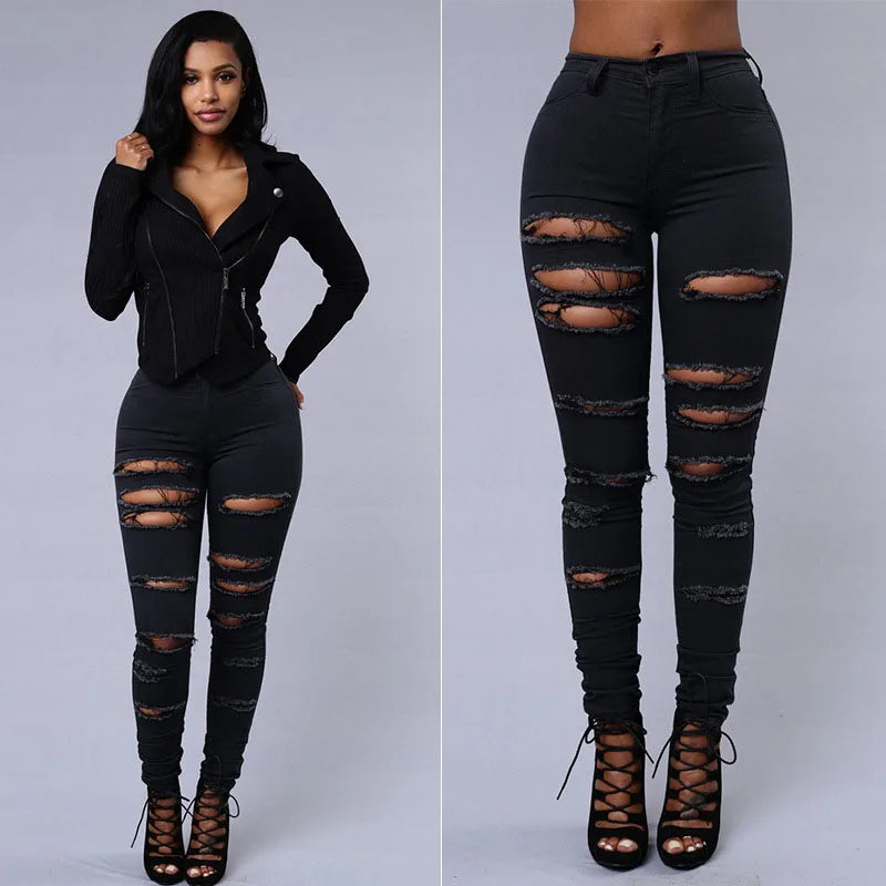 High Waist Ripped Skinny Jeans – Schwarze Denim mit Cut-Outs